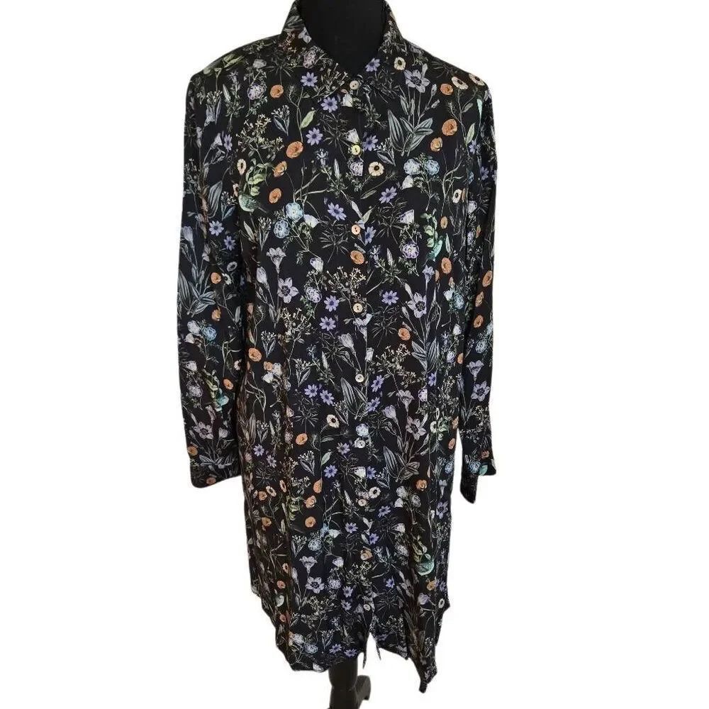 J. Jill Womens Floral Print Button Front Midi Shirt Dress Black Multicolor Small